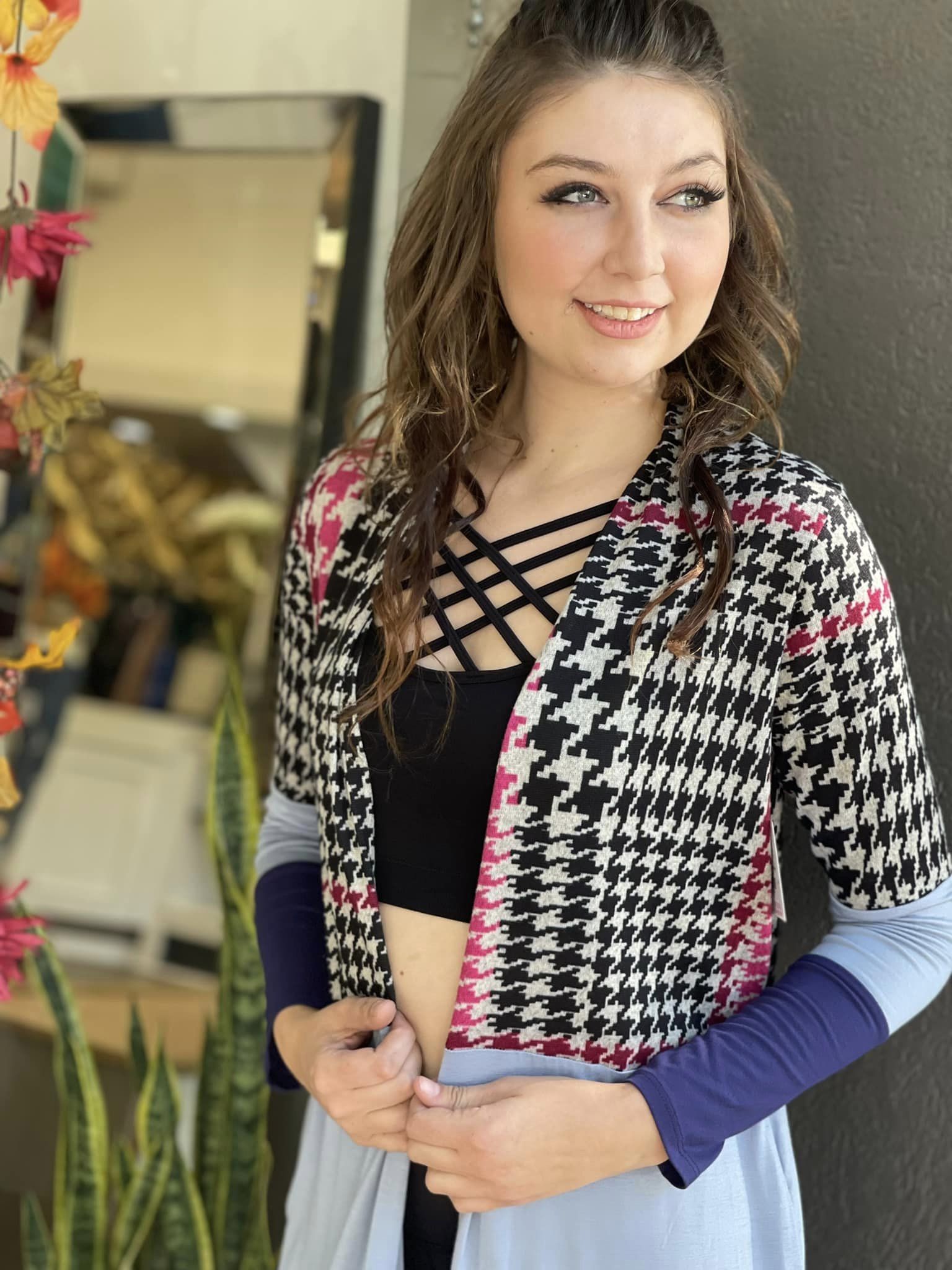 Multi Pattern Houndstooth Long Cardigan