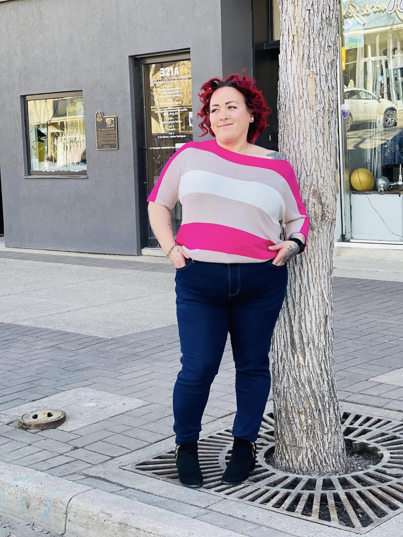Curvy Knitted Rose Stripe Top