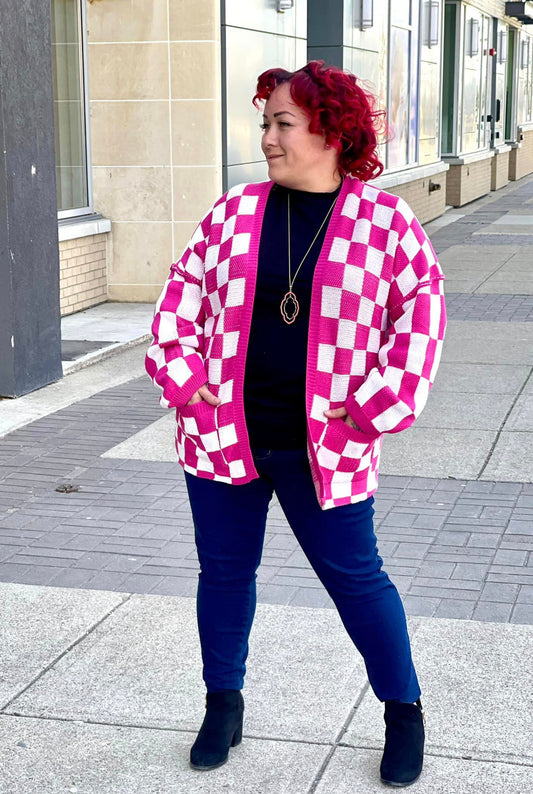 Checkered Hot Pink Cardigan