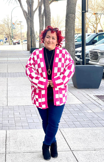 Checkered Hot Pink Cardigan