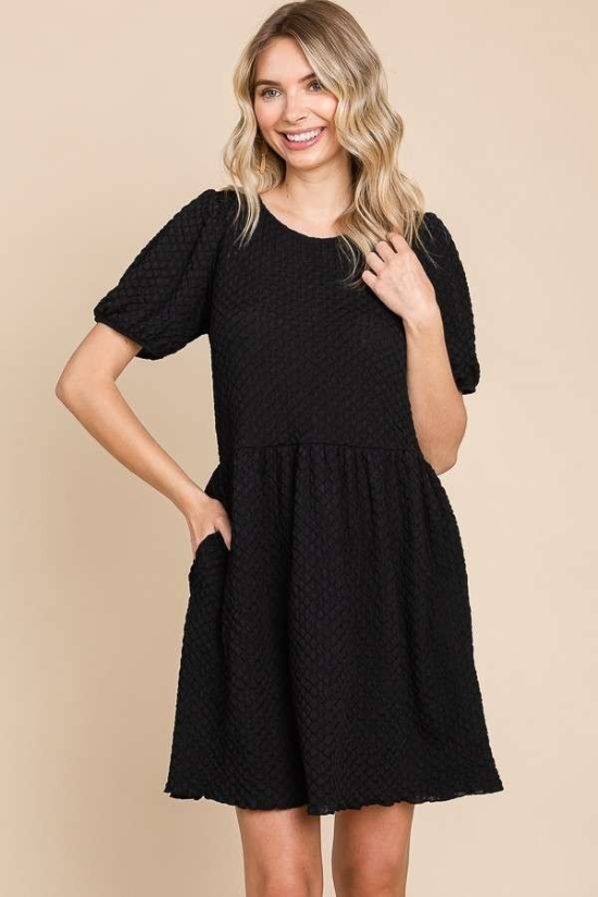 Round Neck Puffed Sleeve Dress