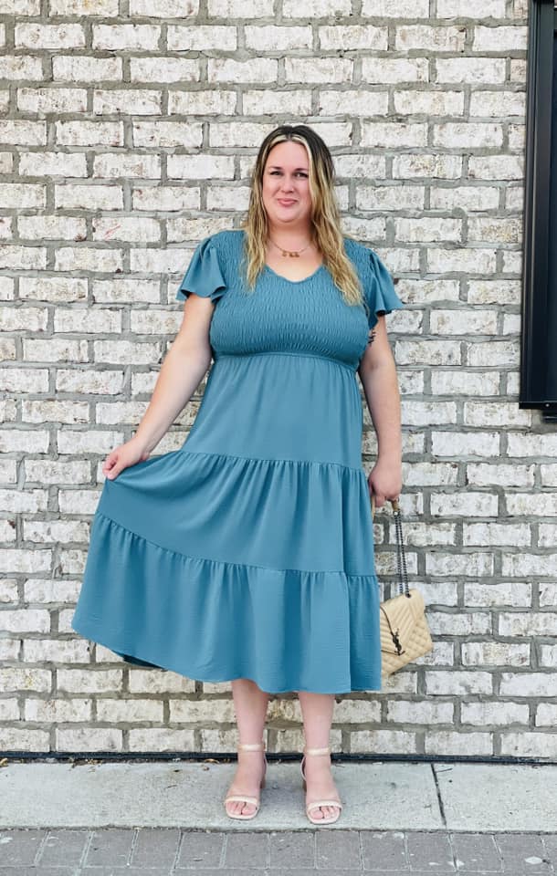 Curvy Smocked V Neck Fall Dress