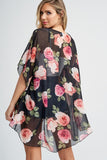 short sleeves kimono with floral design in black made in polyester for women