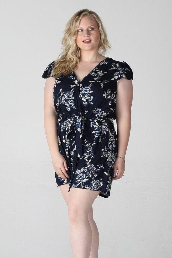 navy floral v neck with adjustable neck dress for women