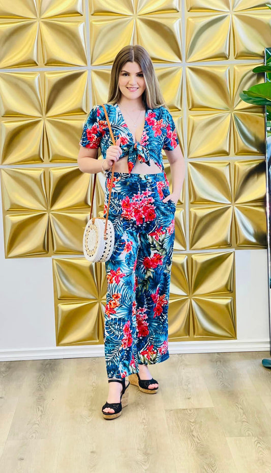 Carla's Cut Out Tied Tropical Jumpsuit