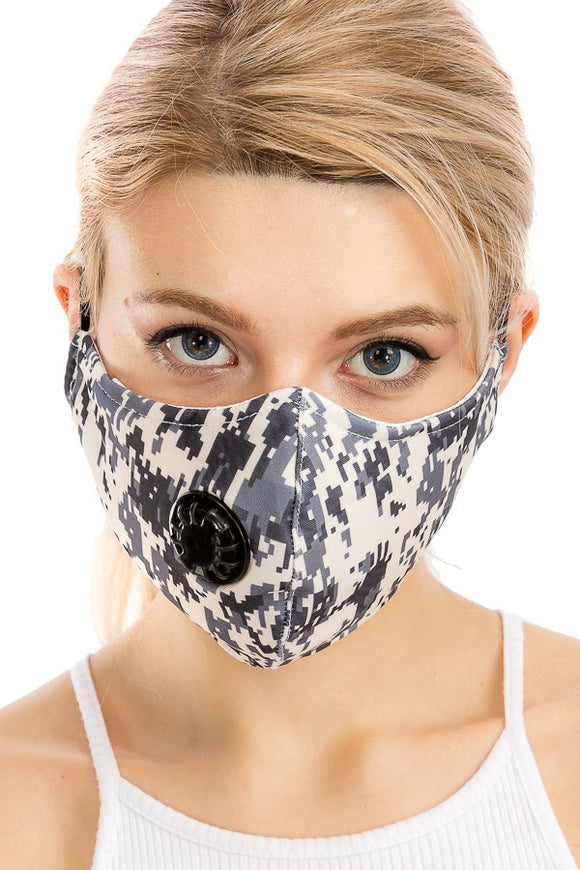 gray camo cotton mask with valve washable boutique cute cool stylish and safe with pockets for filter