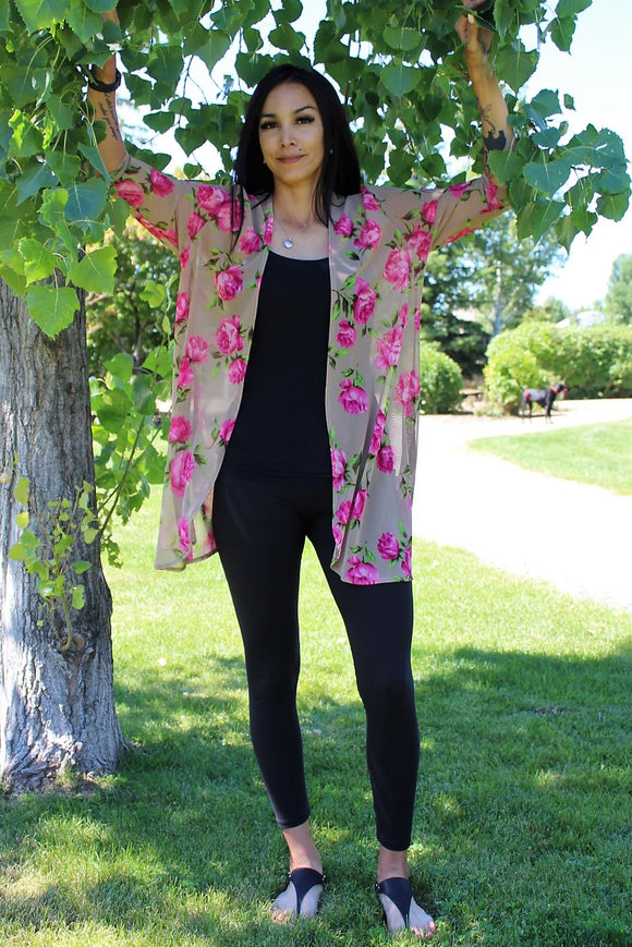 floral taupe mesh long kimono for women